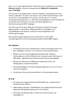 Küster (m/w/d) für unsere Kirchengemeinde. (Teilzeit 25% unbefristet) zum 15.Juli 2026. 