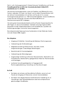 Verwaltungskraft (m/w/d) für das Gemeindesekretariat. (Teilzeit 50% unbefristet) zum 15. Juli 2026. 