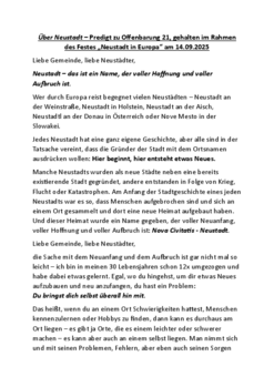 Predigt "Gottes Neustadts" - Zum Festgottesdienst "Neustadt in Europa"