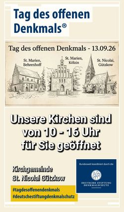 Tag des offenen Denkmals - Unsere Kirchen Gützkow, Kölzin und Behrenhoff öffnen ihre Türen