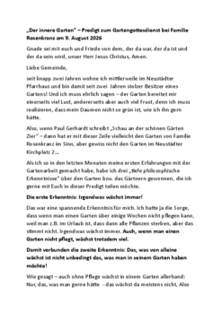 Predigt zum Garten-Gottesdienst: "Der Innere Garten"